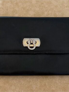 Salvatore Ferragamo Black Leather Card Wallet with Gold Logo